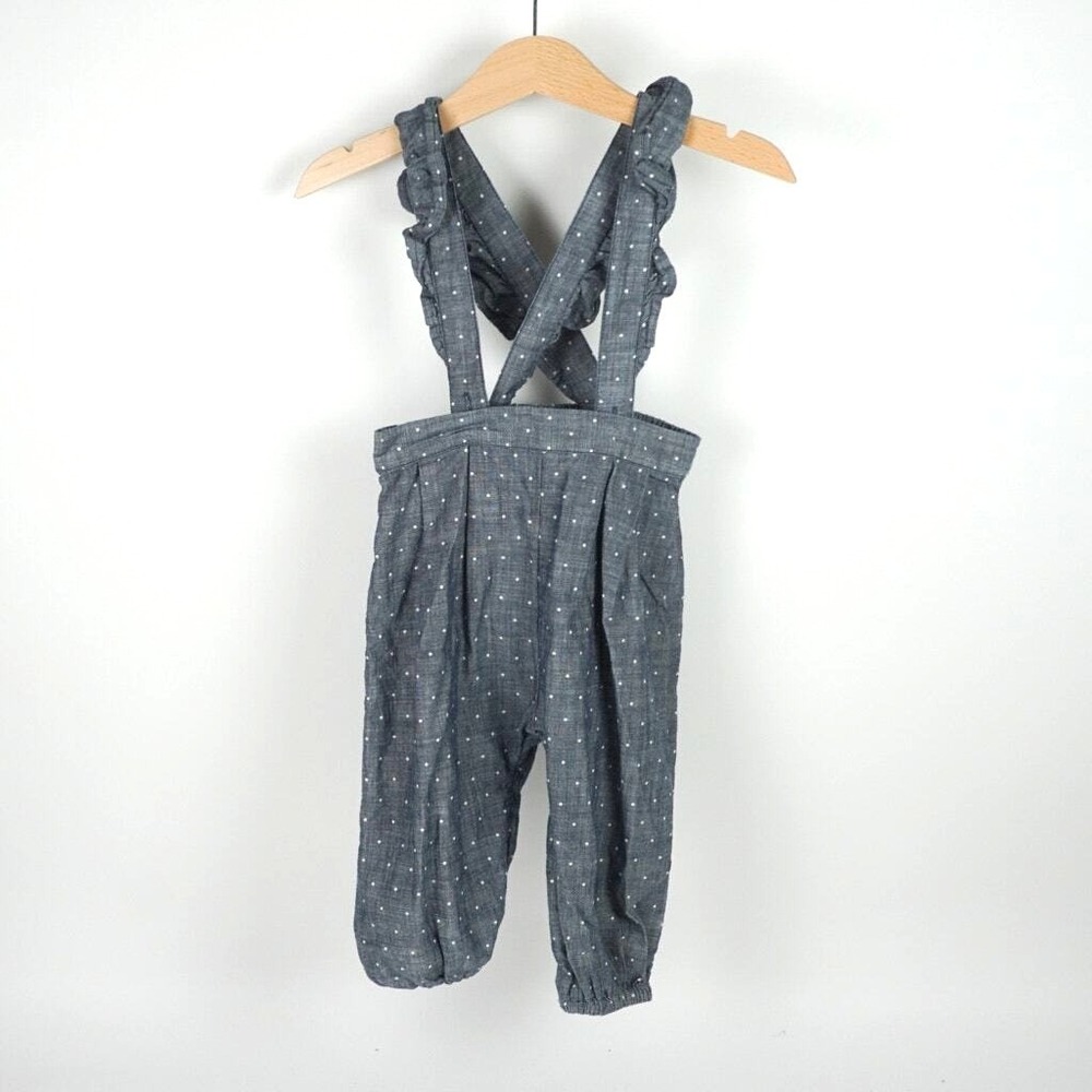 Tucker + Tate‎ Overalls Baby 12M Blue Polka Dot Ruffle Strap Chambray Jumpsuit